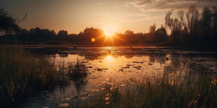Jezioro na Pojezierzu Brodnickim podczas zachodu słońca z odbiciem słońca w wodzie.