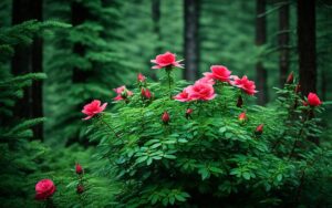 krzak dzikiej róży w ciemnych smreczynach